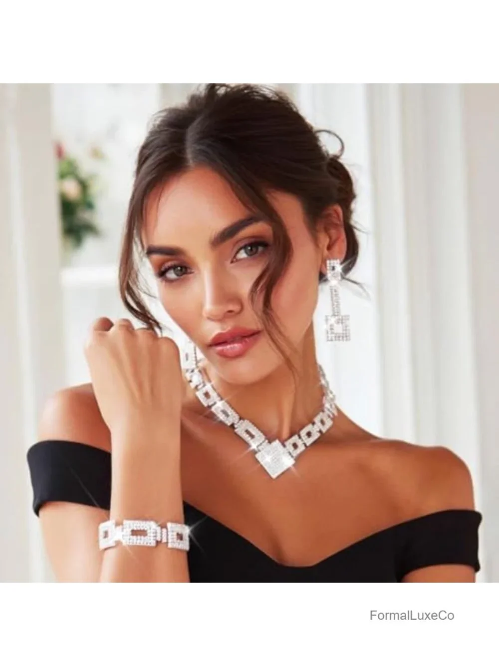 Crystal Bridal Wedding Jewelry Set Rhinestone Necklace Earrings Formal Costume